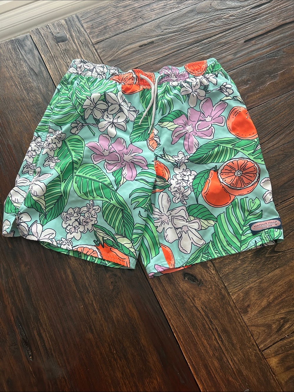 Vineyard Vines Kids Tropical Floral Swim Trunks in Mint, Orange, Green